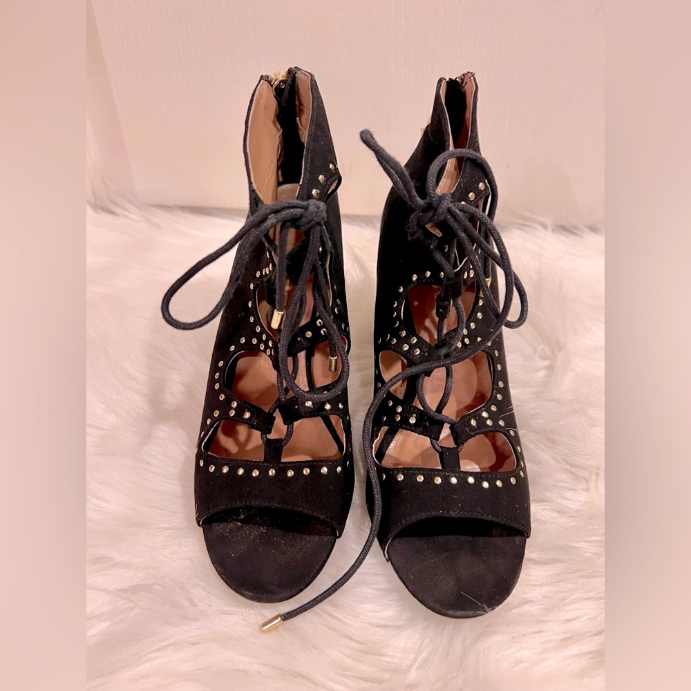Report Madanac black suede peep toe caged pumps with gold studs.  Size 6.5